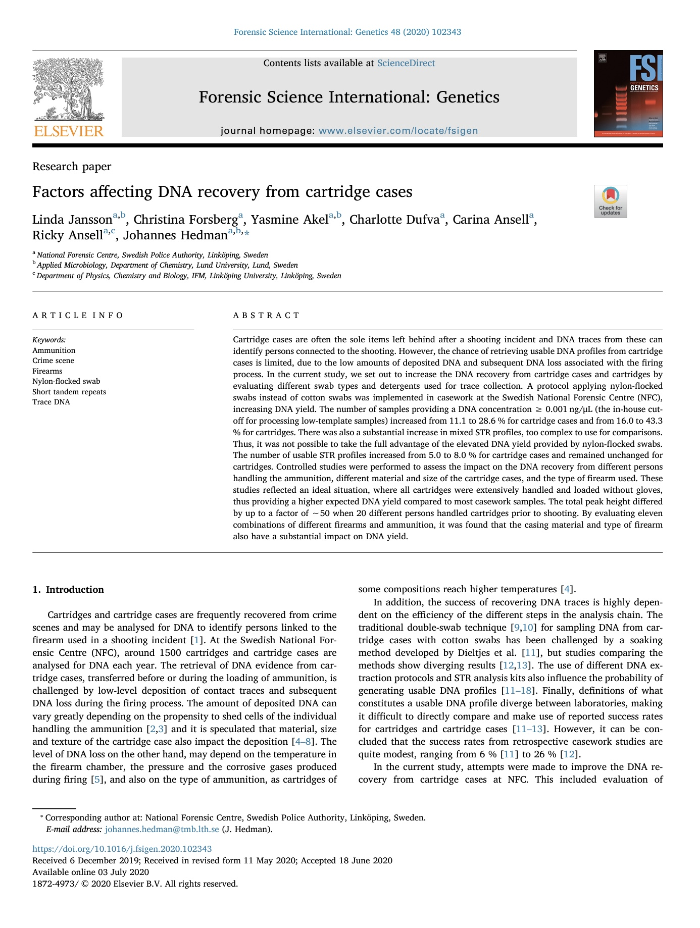 factors affecting DNA recovery from cartridge cases