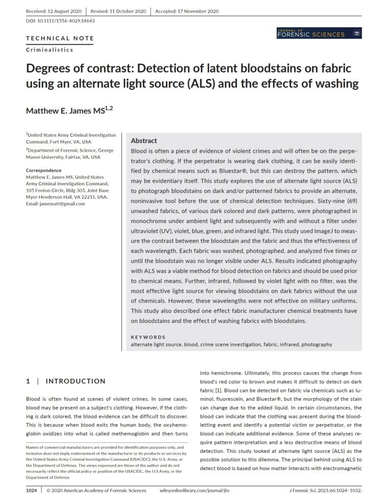 Detection of latent bloodstains on fabric using an alternate light ...