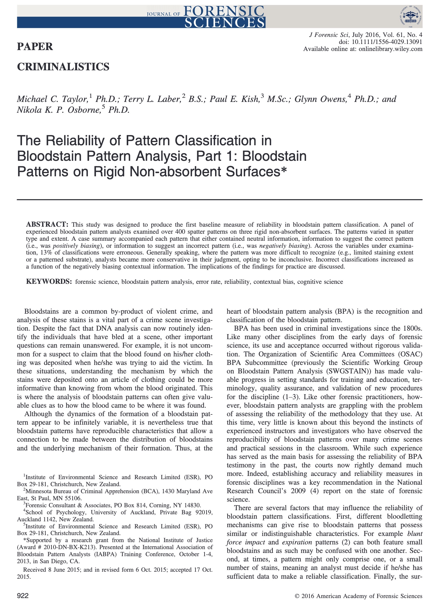 Reliability of Pattern Classification in Bloodstain Pattern Analysis