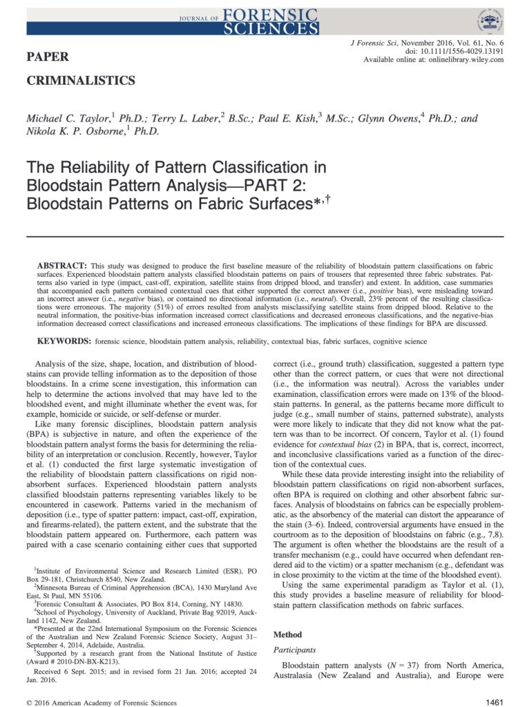 Dhs Pattern Classification Reliability of Pattern Classification in Bloodstain Pattern Analysis