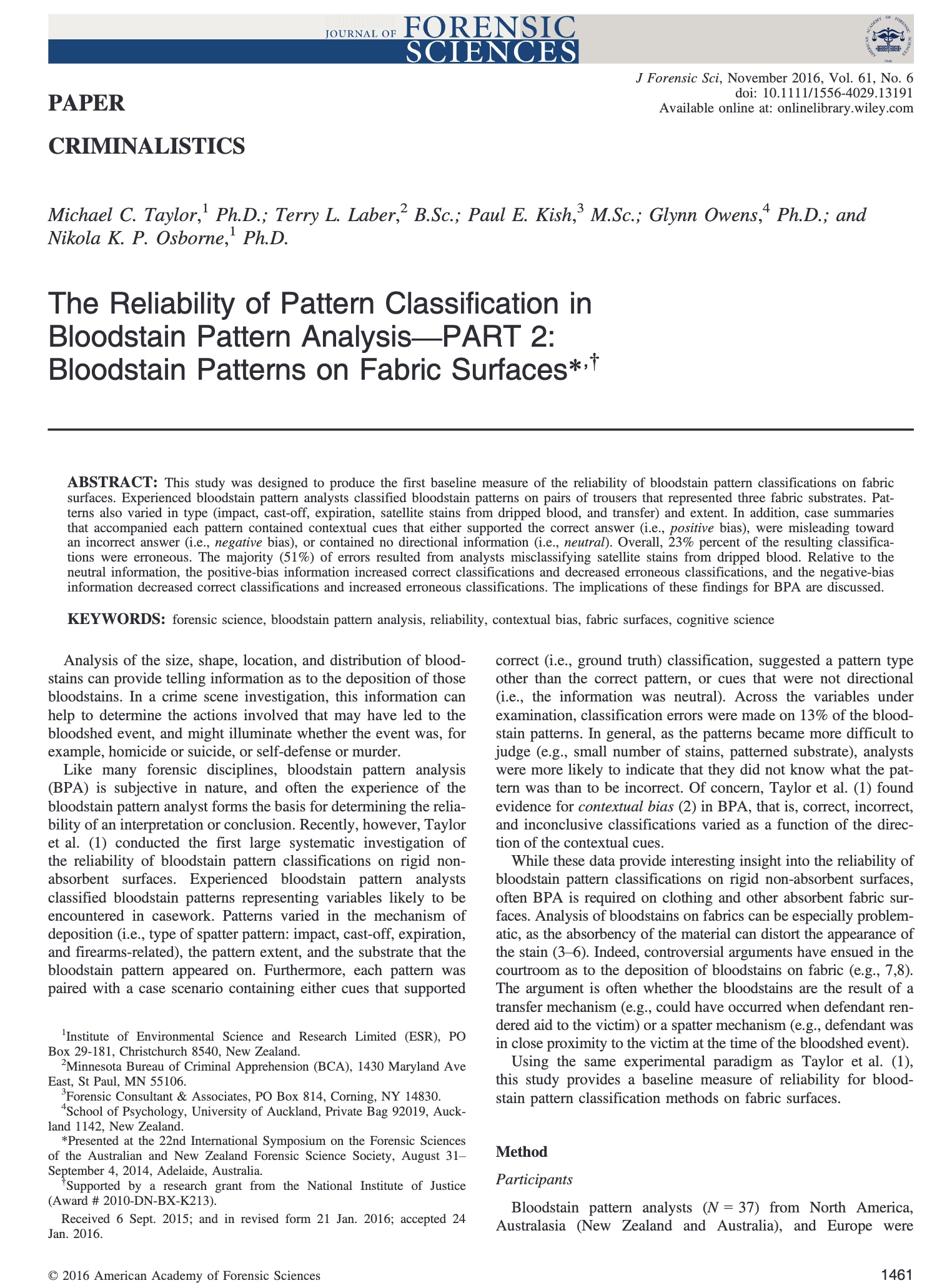 The Reliability of Pattern Classification in Bloodstain Pattern Analysis