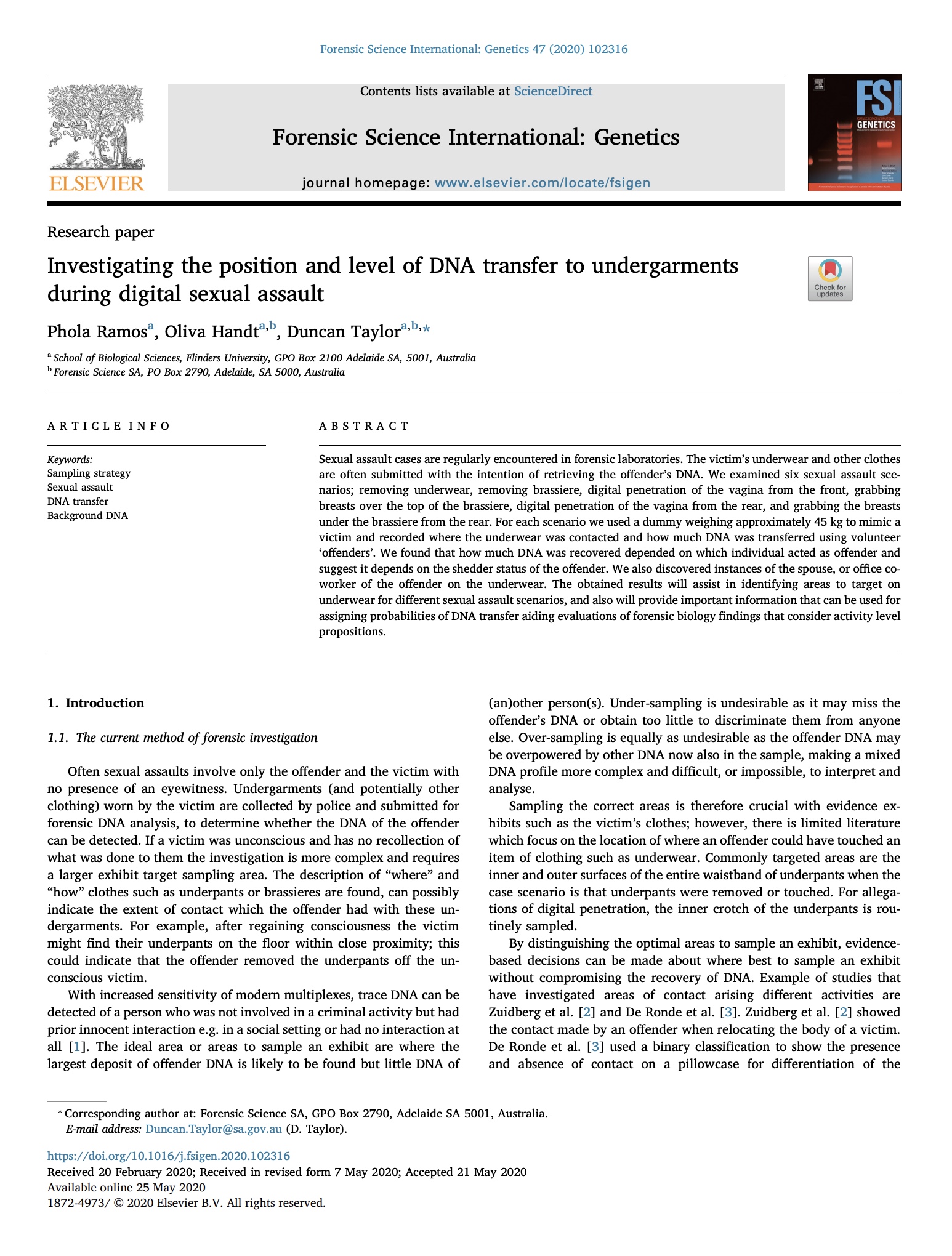 Investigating the position and level of DNA transfer to undergarments during digital sexual assault